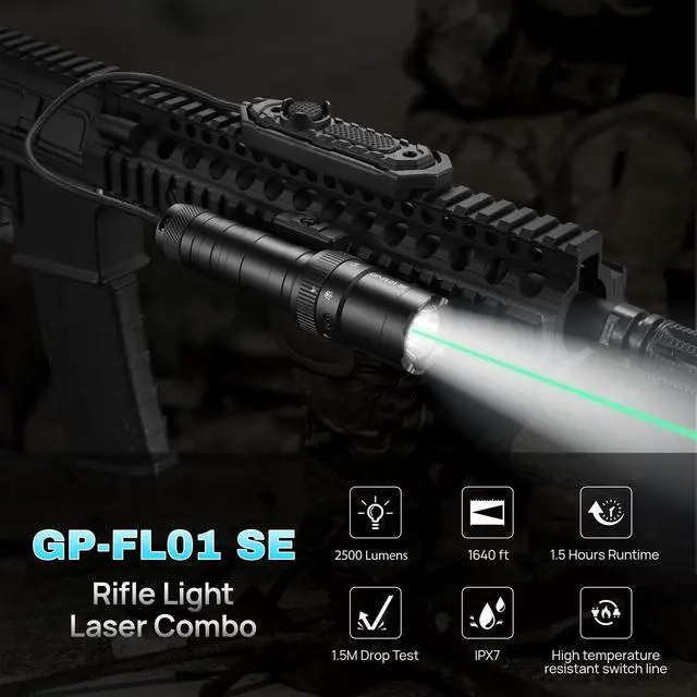 Alt view image 2 of 5 - 2500 Lumen Tactical Flashlight, Aircraft Aluminum LED Weapon Light, Long Runtime 90 Minutes Picatinny Laser Light, Rifle Flashlight with Momentary Strobe Function,ar 15 rifle light with Remote Switch