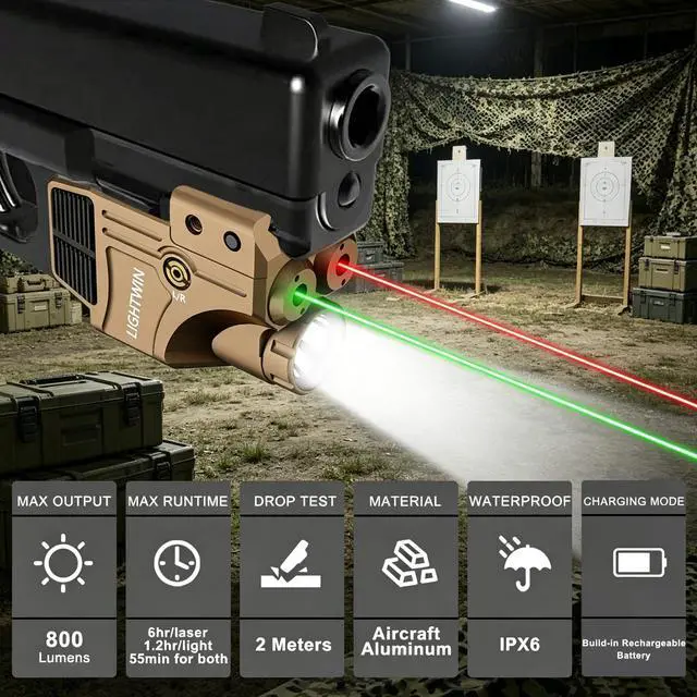 Alt view image 2 of 7 - Red/Green/Blue/Purple Laser Beams with 800 Lumens Flashlight for Pistols, 3 in1 Laser Light Combo, Tactical USB Rechargeable Laser Sight, Strobe & Steady Flashlight for Picatinny Rail