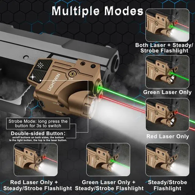 Alt view image 3 of 7 - Red/Green/Blue/Purple Laser Beams with 800 Lumens Flashlight for Pistols, 3 in1 Laser Light Combo, Tactical USB Rechargeable Laser Sight, Strobe & Steady Flashlight for Picatinny Rail