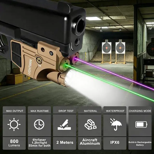 Alt view image 2 of 7 - Red/Green/Blue/Purple Laser Beams with 800 Lumens Flashlight for Pistols, 3 in1 Laser Light Combo, Tactical USB Rechargeable Laser Sight, Strobe & Steady Flashlight for Picatinny Rail