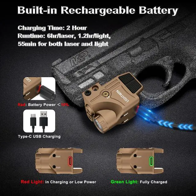 Alt view image 6 of 7 - Red/Green/Blue/Purple Laser Beams with 800 Lumens Flashlight for Pistols, 3 in1 Laser Light Combo, Tactical USB Rechargeable Laser Sight, Strobe & Steady Flashlight for Picatinny Rail