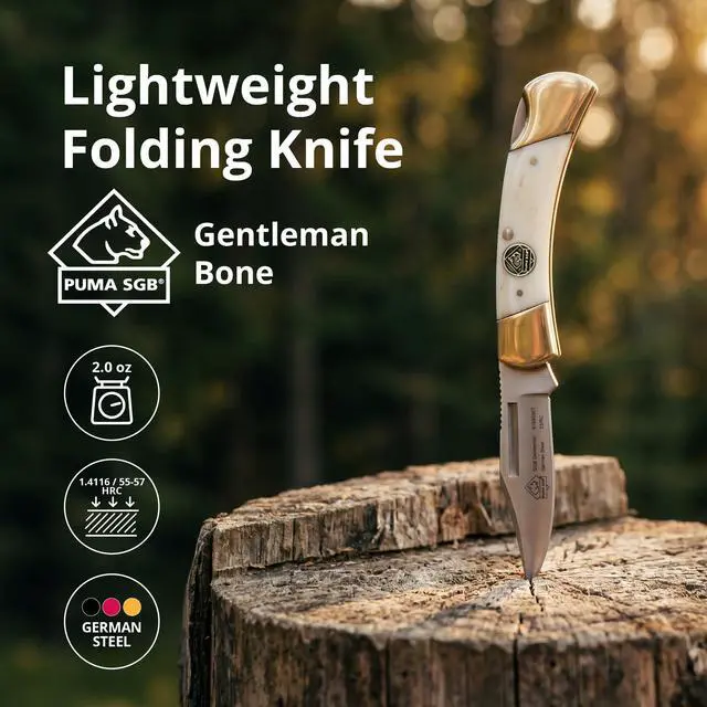 Alt view image 2 of 6 - Gentleman - Pocket Knife with White Bone Handle | 2.3 Clip Point Folding Blade Handmade from German 1.4116 Steel - Lockback Mechanism - Brass Bolsters - Lightweight 2 oz