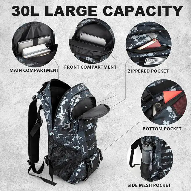 Alt view image 2 of 6 - Tactical Backpack for Men Hiking Day Pack Molle Military Rucksack Waterproof 30L EDC Bag with USA Flag Patch