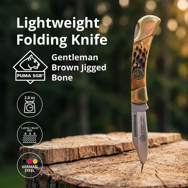 Alt view image 2 of 6 - Gentleman - Pocket Knife with Brown Jigged Bone Handle | 2.3 Clip Point Folding Blade Handmade from German 1.4116 Steel - Lockback Mechanism - Brass Bolsters - Lightweight 2 oz