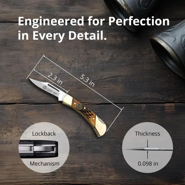 Alt view image 4 of 6 - Gentleman - Pocket Knife with Brown Jigged Bone Handle | 2.3 Clip Point Folding Blade Handmade from German 1.4116 Steel - Lockback Mechanism - Brass Bolsters - Lightweight 2 oz