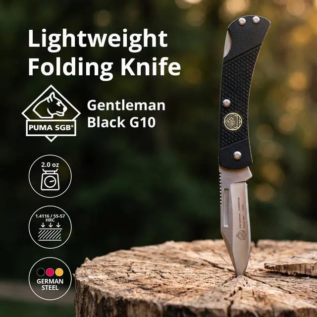 Alt view image 2 of 6 - Gentleman - Pocket Knife with Black G10 Handle | 2.3 Clip Point Folding Blade Handmade from German 1.4116 Steel - Lockback Mechanism - Brass Bolsters - Lightweight 2 oz