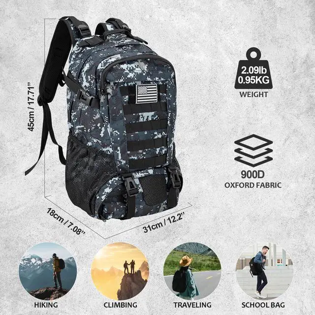 Alt view image 6 of 6 - Tactical Backpack for Men Hiking Day Pack Molle Military Rucksack Waterproof 30L EDC Bag with USA Flag Patch