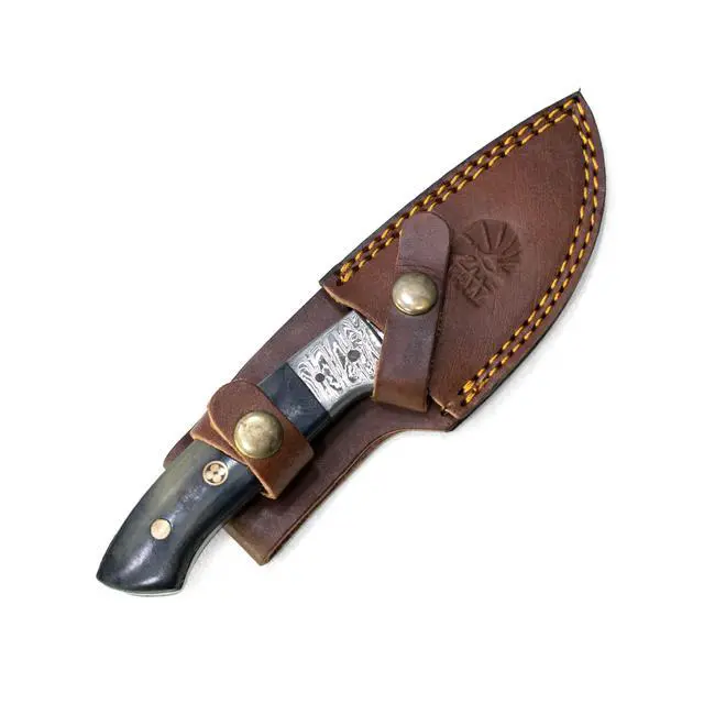 Alt view image 2 of 7 - Damascus Gut Hook Skinning & Hunting Fixed Blade | Handmade 1095 4340 Carbon Mix Hand Pounded | Camel Bone Handle includes Leather Sheath for Camping and Outdoor Activities