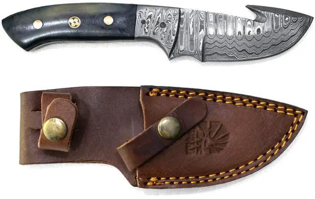 Main image of Damascus Gut Hook Skinning & Hunting Fixed Blade | Handmade 1095 4340 Carbon Mix Hand Pounded | Camel Bone Handle includes Leather Sheath for Camping and Outdoor Activities