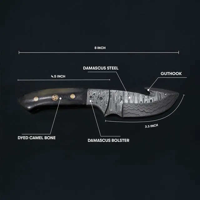 Alt view image 3 of 7 - Damascus Gut Hook Skinning & Hunting Fixed Blade | Handmade 1095 4340 Carbon Mix Hand Pounded | Camel Bone Handle includes Leather Sheath for Camping and Outdoor Activities