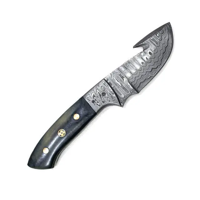 Alt view image 4 of 7 - Damascus Gut Hook Skinning & Hunting Fixed Blade | Handmade 1095 4340 Carbon Mix Hand Pounded | Camel Bone Handle includes Leather Sheath for Camping and Outdoor Activities