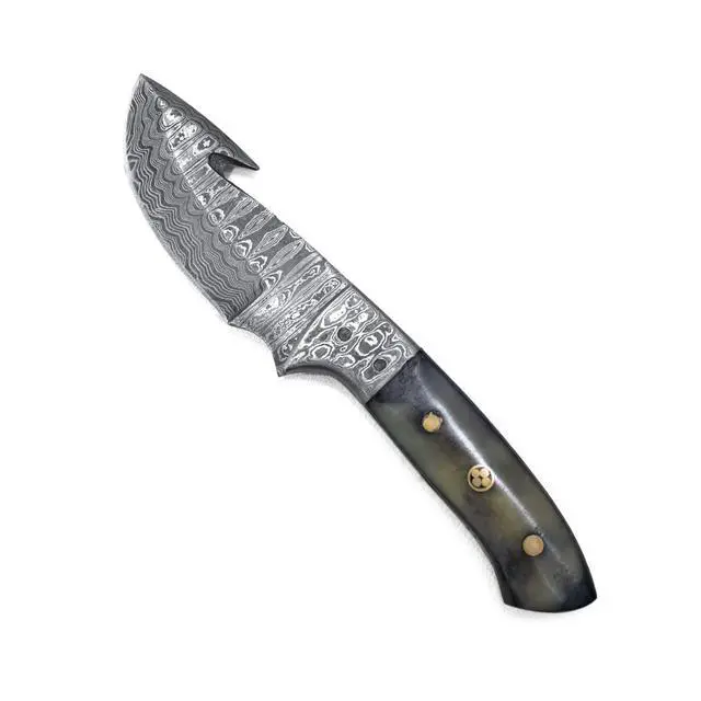 Alt view image 5 of 7 - Damascus Gut Hook Skinning & Hunting Fixed Blade | Handmade 1095 4340 Carbon Mix Hand Pounded | Camel Bone Handle includes Leather Sheath for Camping and Outdoor Activities