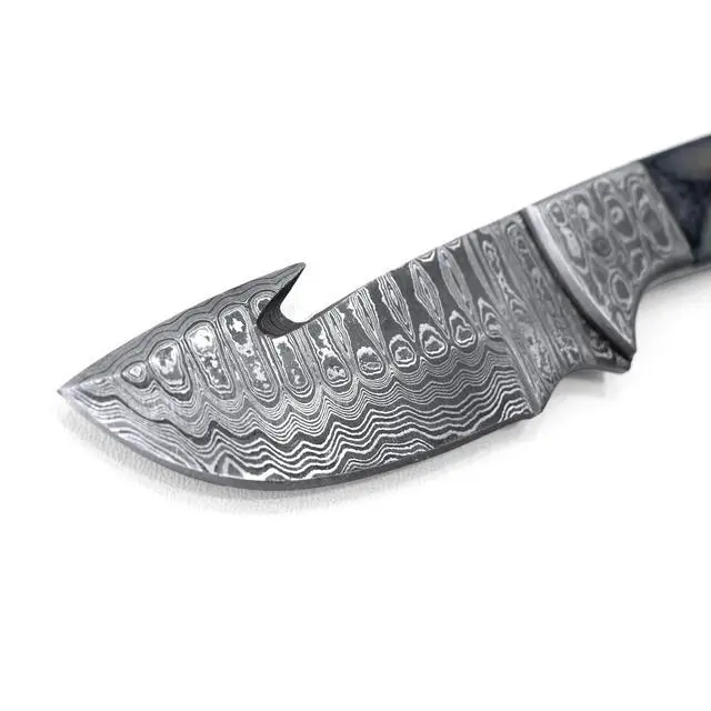 Alt view image 6 of 7 - Damascus Gut Hook Skinning & Hunting Fixed Blade | Handmade 1095 4340 Carbon Mix Hand Pounded | Camel Bone Handle includes Leather Sheath for Camping and Outdoor Activities