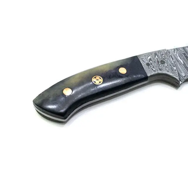Alt view image 7 of 7 - Damascus Gut Hook Skinning & Hunting Fixed Blade | Handmade 1095 4340 Carbon Mix Hand Pounded | Camel Bone Handle includes Leather Sheath for Camping and Outdoor Activities