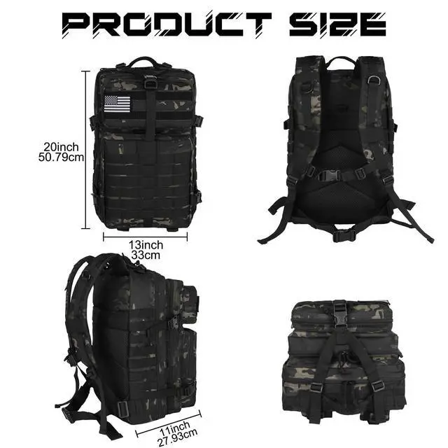 Alt view image 2 of 7 - Military Tactical Backpack for Men 45L Molle Backpack 3 Day Assault Pack Bug Out Bag, Heavy Duty Rucksack for Hiking Gym (Camouflage Black