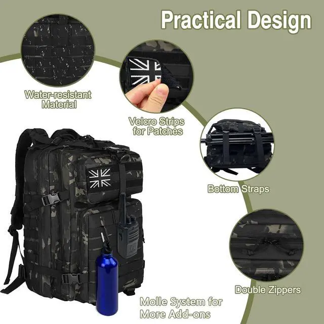 Alt view image 3 of 7 - Military Tactical Backpack for Men 45L Molle Backpack 3 Day Assault Pack Bug Out Bag, Heavy Duty Rucksack for Hiking Gym (Camouflage Black