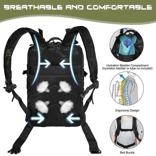 Alt view image 5 of 7 - Military Tactical Backpack for Men 45L Molle Backpack 3 Day Assault Pack Bug Out Bag, Heavy Duty Rucksack for Hiking Gym (Camouflage Black