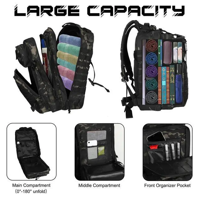 Alt view image 4 of 7 - Military Tactical Backpack for Men 45L Molle Backpack 3 Day Assault Pack Bug Out Bag, Heavy Duty Rucksack for Hiking Gym (Camouflage Black