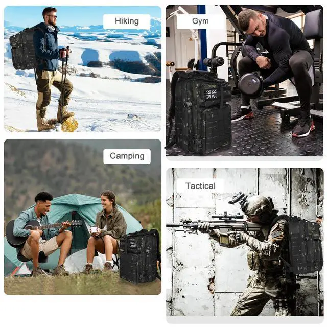 Alt view image 7 of 7 - Military Tactical Backpack for Men 45L Molle Backpack 3 Day Assault Pack Bug Out Bag, Heavy Duty Rucksack for Hiking Gym (Camouflage Black