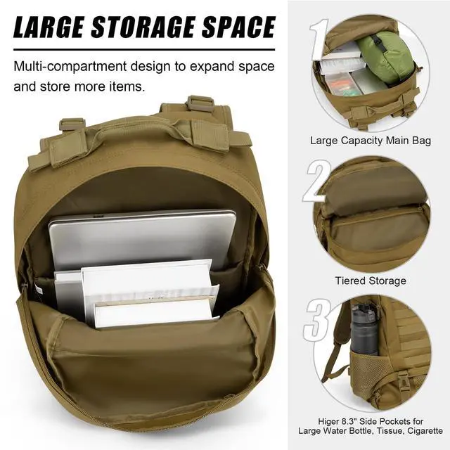Alt view image 5 of 7 - Tactical Backpack for Men Hiking Day Pack Molle Military Rucksack Waterproof 30L EDC Bag with USA Flag Patch