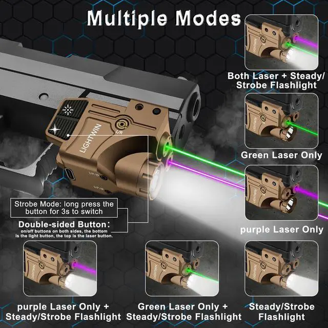 Alt view image 3 of 7 - Red/Green/Blue/Purple Laser Beams with 800 Lumens Flashlight for Pistols, 3 in1 Laser Light Combo, Tactical USB Rechargeable Laser Sight, Strobe & Steady Flashlight for Picatinny Rail