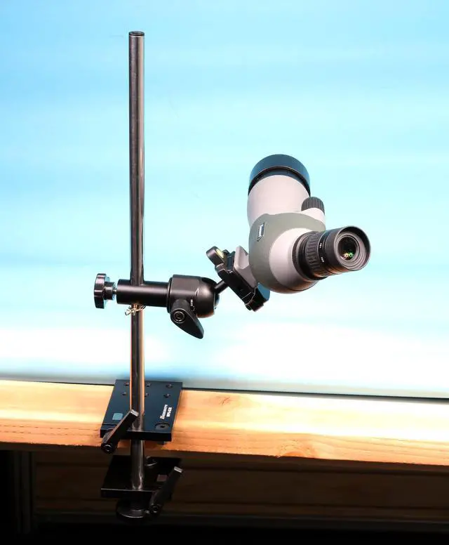 Alt view image 4 of 7 - Height Adjustable Prone Benchtop Standing Bullseye 5/8" Stainless Steel Pole Competition Spotting Scope Stand with Bench Mount Plate Crossbar Swivel Ball Head Tripod Base