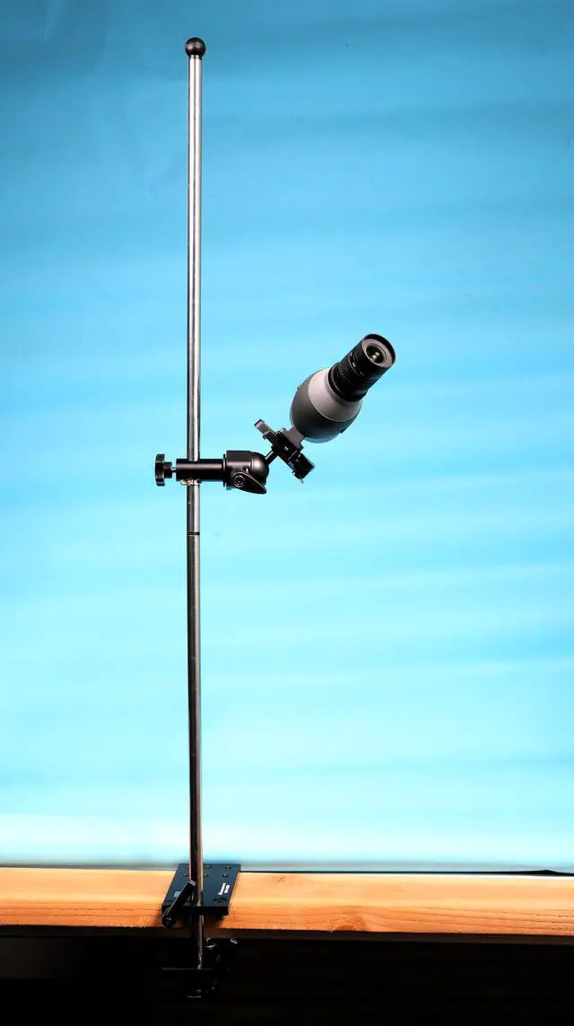 Alt view image 3 of 7 - Height Adjustable Prone Benchtop Standing Bullseye 5/8" Stainless Steel Pole Competition Spotting Scope Stand with Bench Mount Plate Crossbar Swivel Ball Head Tripod Base