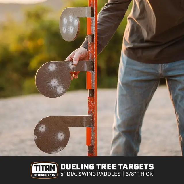 Alt view image 2 of 5 - Six AR500 3/8" Thick Steel Dueling Tree Targets, Raw Steel 6" Dia. Swing Paddles, Gong Shooting Target with Instant Feedback, DIY Target Tree Accessory