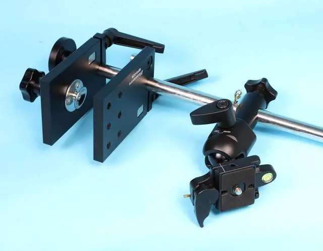 Alt view image 6 of 7 - Height Adjustable Prone Benchtop Standing Bullseye 5/8" Stainless Steel Pole Competition Spotting Scope Stand with Bench Mount Plate Crossbar Swivel Ball Head Tripod Base