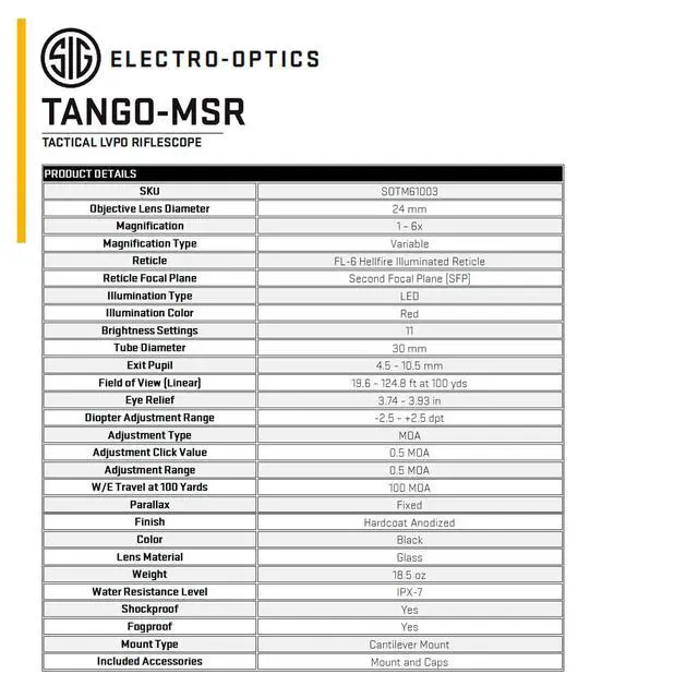 Alt view image 7 of 7 - Tango-MSR LPVO 1-6x24mm Waterproof Fogproof Rugged Tactical Hunting Rifle Scope | Second Focal Plane/SFP/F2 | Includes Alpha-MSR Aluminum Mount, Flip-Back Lens Covers