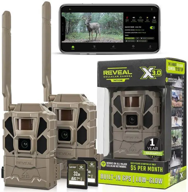 Main image of REVEAL X Gen 3.0 Cellular Trail Camera - Multi Carrier, HD Photos & Videos, Pre-Installed Antenna, Built-in GPS, Best Battery Life, Low-Glow IR Flash, Fast Trigger Speed + 32GB SD Card (2 PK)