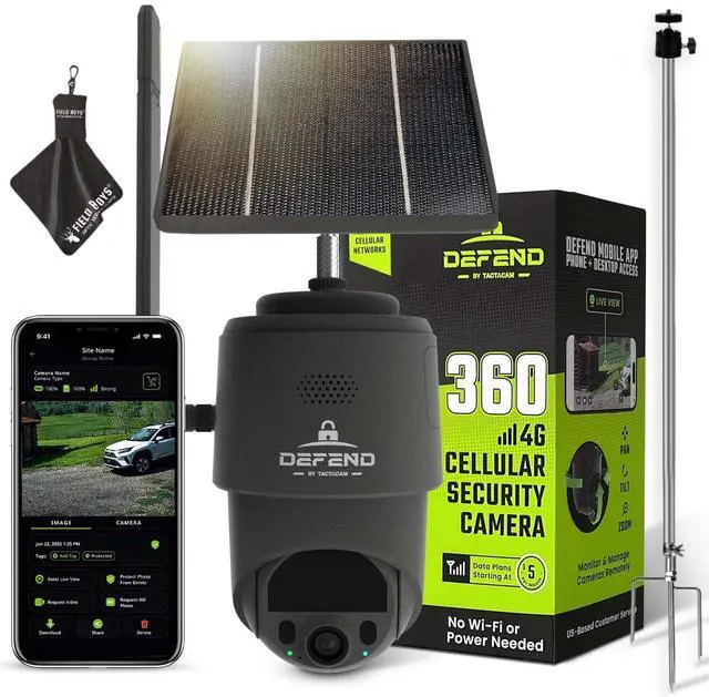 Main image of Defend 360 Cellular Security Camera, 4K Photos, 1080p Video, Solar + Rechargeable Battery, 360° Pan/Tilt/Zoom, LTE Cellular, Motion Alerts, Weather Resistant Includes Mounting Post & Cloth