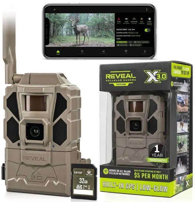Main image of REVEAL X Gen 3.0 Cellular Trail Camera - Multi Carrier, HD Photos & Videos, Pre-Installed Antenna, Built-in GPS, Best Battery Life, Low-Glow IR Flash, Fast Trigger Speed + 32GB SD Card (1 PK)