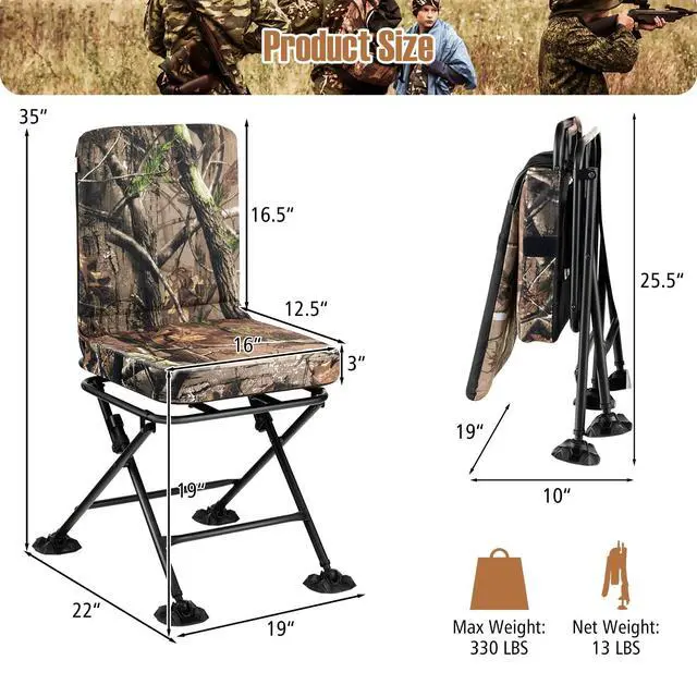 Alt view image 3 of 7 - Hunting Chair, 360° Swivel Hunting Blind Chair w/All-Terrain Duck Feet,Padded Cushion,330LBS Capacity, Folding Silent Deer Hunting Chair, Portable Ground Blind Chair