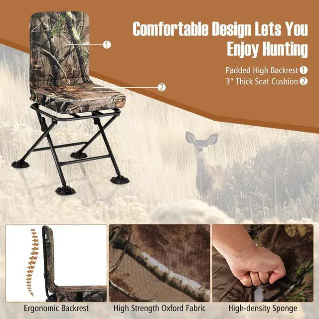 Alt view image 7 of 7 - Hunting Chair, 360° Swivel Hunting Blind Chair w/All-Terrain Duck Feet,Padded Cushion,330LBS Capacity, Folding Silent Deer Hunting Chair, Portable Ground Blind Chair