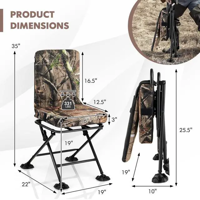 Alt view image 3 of 7 - Hunting Chair, 360° Swivel Silent Hunting Chair W/Padded Cushion & Adjustable Foot Pads, Heavy Duty Camo Hunting Seat, Hunting Chairs for Blinds Camping & Fishing, 330 LBS Capacity