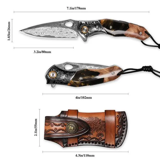 Alt view image 2 of 7 - handmade Japan Damascus steel pocket knife3.1" VG10 blade men and women Folding knifeWith holsterLining lockresin and Maple handleSuitable for EDC outdoor campinggo fishing hunting