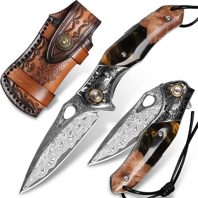 Main image of handmade Japan Damascus steel pocket knife3.1" VG10 blade men and women Folding knifeWith holsterLining lockresin and Maple handleSuitable for EDC outdoor campinggo fishing hunting