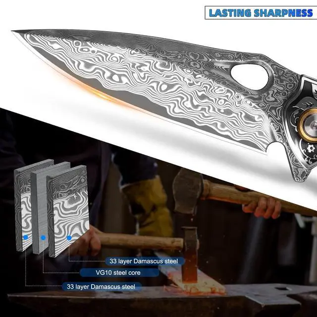 Alt view image 3 of 7 - handmade Japan Damascus steel pocket knife3.1" VG10 blade men and women Folding knifeWith holsterLining lockresin and Maple handleSuitable for EDC outdoor campinggo fishing hunting