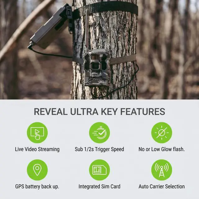 Alt view image 2 of 7 - Reveal Ultra Cellular Trail Camera: 4K Photo, 1080p Video, Live View, GPS Tracking-Enabled, Switchable No-Glow/Low-Glow Flash, LTE Connectivity, LCD Screen - Best Hunting, Game Camera