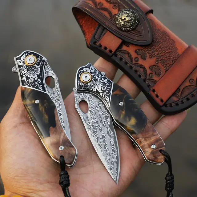 Alt view image 6 of 7 - handmade Japan Damascus steel pocket knife3.1" VG10 blade men and women Folding knifeWith holsterLining lockresin and Maple handleSuitable for EDC outdoor campinggo fishing hunting