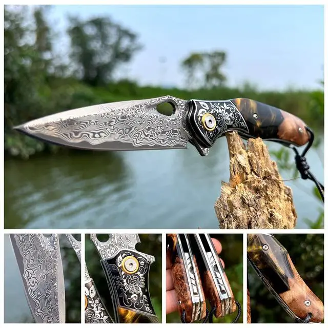 Alt view image 4 of 7 - handmade Japan Damascus steel pocket knife3.1" VG10 blade men and women Folding knifeWith holsterLining lockresin and Maple handleSuitable for EDC outdoor campinggo fishing hunting
