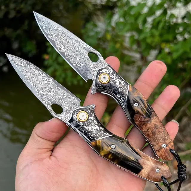 Alt view image 7 of 7 - handmade Japan Damascus steel pocket knife3.1" VG10 blade men and women Folding knifeWith holsterLining lockresin and Maple handleSuitable for EDC outdoor campinggo fishing hunting