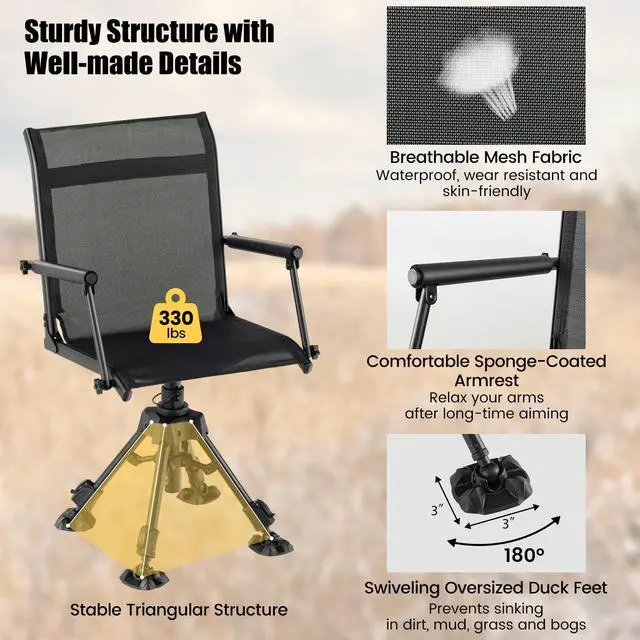 Alt view image 3 of 7 - Swivel Hunting Chair, 360 Degree Folding Hunting Blind Chair with Adjustable Height, Arm Rest, Telescopic Legs & Duck Feet, 330 LBS Silent Outdoor Ground Blind Seat for Deer Dove Hunting Fishing