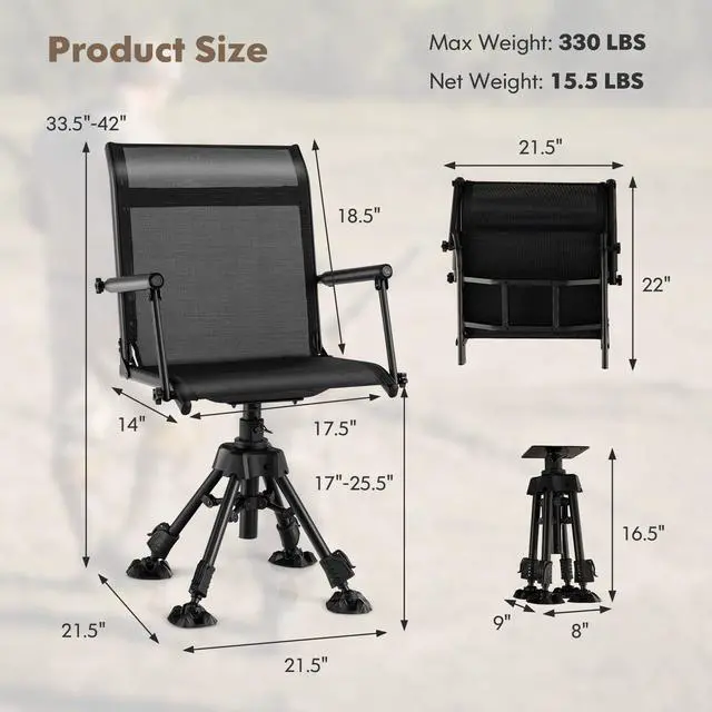 Alt view image 2 of 7 - Swivel Hunting Chair, 360 Degree Folding Hunting Blind Chair with Adjustable Height, Arm Rest, Telescopic Legs & Duck Feet, 330 LBS Silent Outdoor Ground Blind Seat for Deer Dove Hunting Fishing