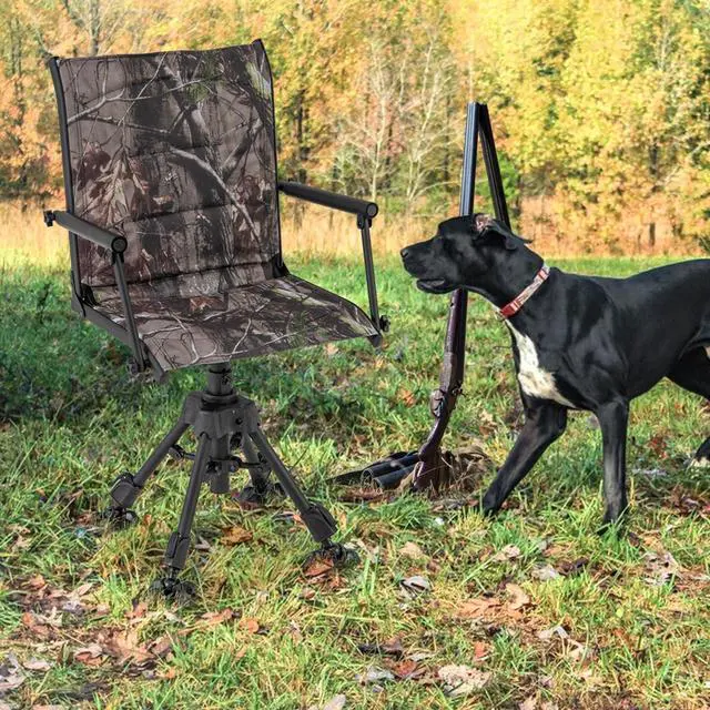 Alt view image 2 of 7 - Swivel Hunting Chair, 360 Degree Folding Hunting Blind Chair with Adjustable Height, Arm Rest & Duck Feet, 330 LBS Silent Outdoor Ground Blind Seat for Deer Dove Hunting Fishing (Camouflage)