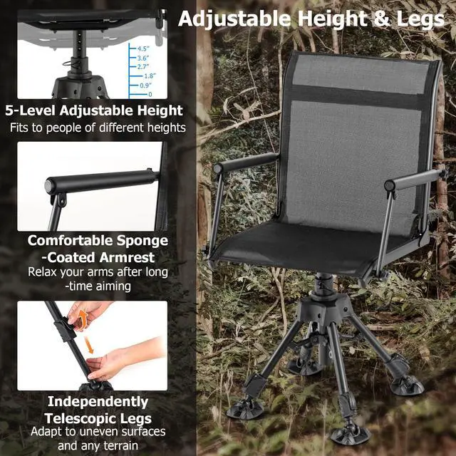 Alt view image 4 of 7 - Swivel Hunting Chair, 360 Degree Folding Hunting Blind Chair with Adjustable Height, Arm Rest, Telescopic Legs & Duck Feet, 330 LBS Silent Outdoor Ground Blind Seat for Deer Dove Hunting Fishing