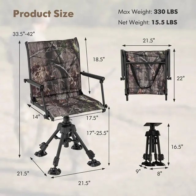Alt view image 3 of 7 - Swivel Hunting Chair, 360 Degree Folding Hunting Blind Chair with Adjustable Height, Arm Rest & Duck Feet, 330 LBS Silent Outdoor Ground Blind Seat for Deer Dove Hunting Fishing (Camouflage)