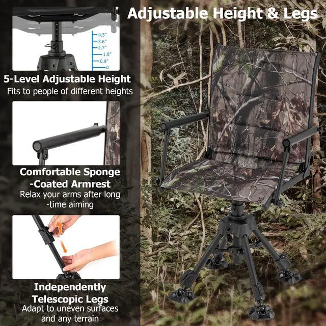 Alt view image 4 of 7 - Swivel Hunting Chair, 360 Degree Folding Hunting Blind Chair with Adjustable Height, Arm Rest & Duck Feet, 330 LBS Silent Outdoor Ground Blind Seat for Deer Dove Hunting Fishing (Camouflage)