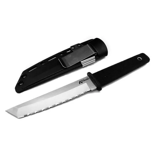 Alt view image 3 of 7 - Kobun Serrated 5.5" Japanese AUS8A Stainless Steel American Tanto Shape Fixed Blade Tactical Hunting Knife, Ergonomic Kray-Ex Handle, Secure-Ex Sheath
